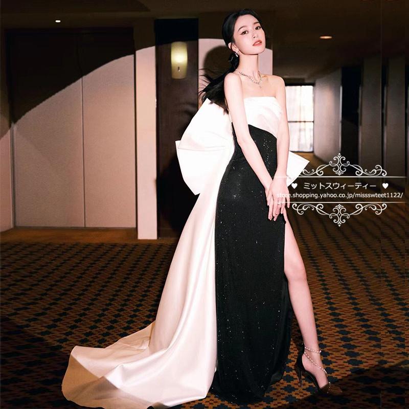 カラードレス ビスチェ スリット 大きいリボン ブラック ホワイト