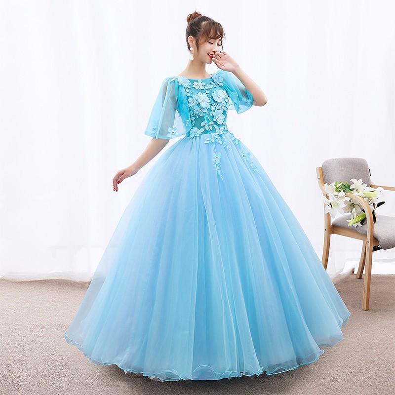 ウエディングドレス 半袖 カラードレス 青 コンサート 安い ロング