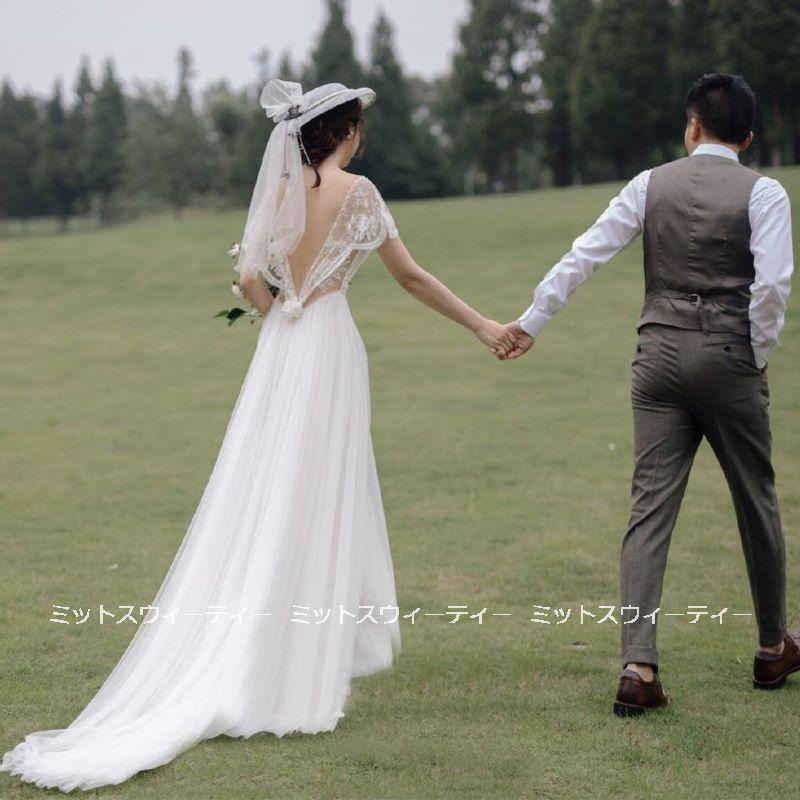 ウエディングドレス 二次会 レース トレーン 花嫁 前撮り ウェディング