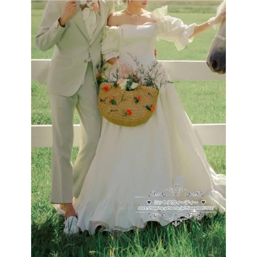 ウェディングドレス 二次会 結婚式 オフホワイト ブライダル サテン 前