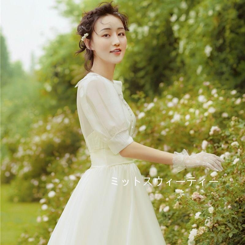 ウェディングドレス ロング丈 オフホワイト 半袖 チュールスカート