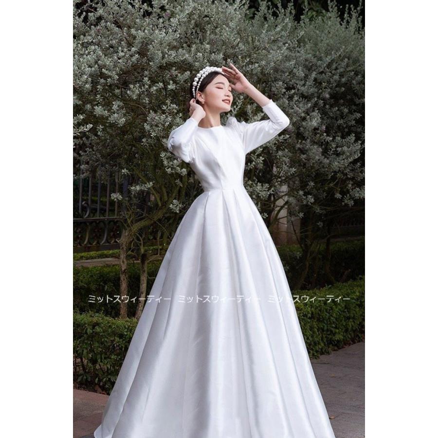 ウエディングドレス サテンドレス ホワイト 長袖 花嫁 結婚式 二次会