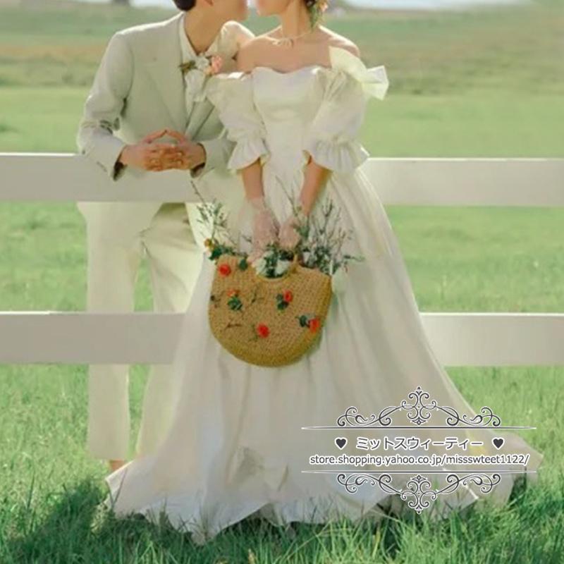 ウェディングドレス 二次会 結婚式 オフホワイト ブライダル サテン 前