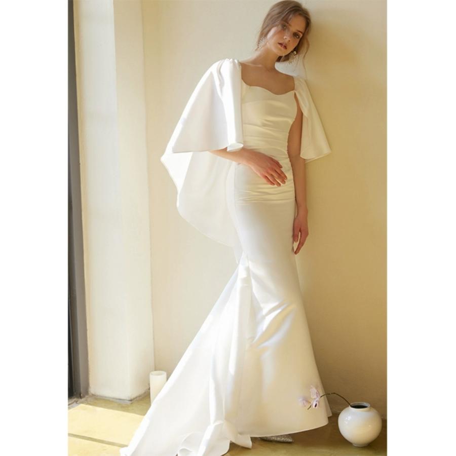 ウェディングドレス ロングドレス マーメイドドレス サテン ケープ風袖