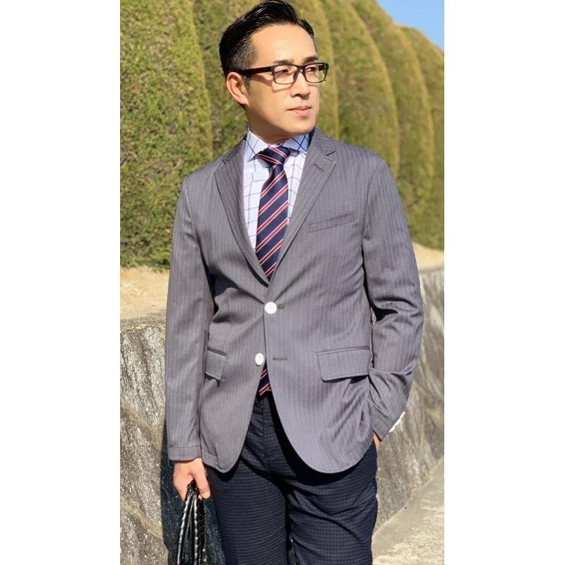メンズ春夏シングルジャケット チョークストライプ グレー 40代 50代