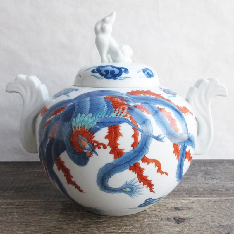 香炉 蓋付 陶器 唐獅子 鳳凰 不死鳥 和風置物 縁起物 魔除け 床の間