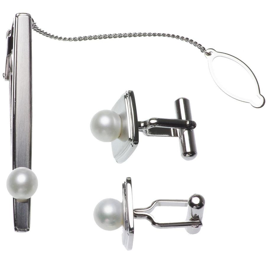 パール カフス ネクタイピンセット 高級 淡水真珠 7.0mm カフスボタン
