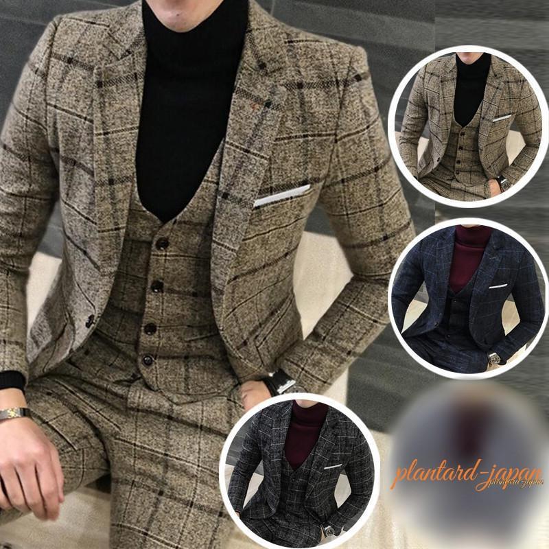 3ピーススーツ メンズ チェック柄 スリーピーススーツ 3点セット
