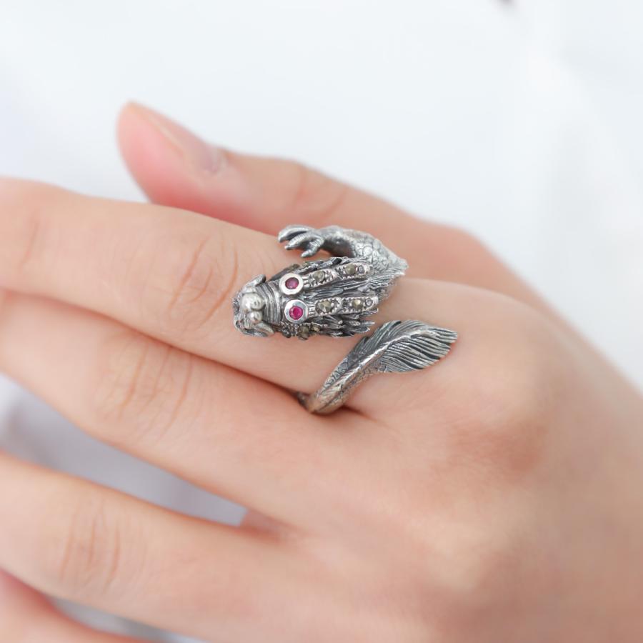 リング シルバー925 ルビー ヘマタイト ドラゴン 龍 竜 フリーサイズ