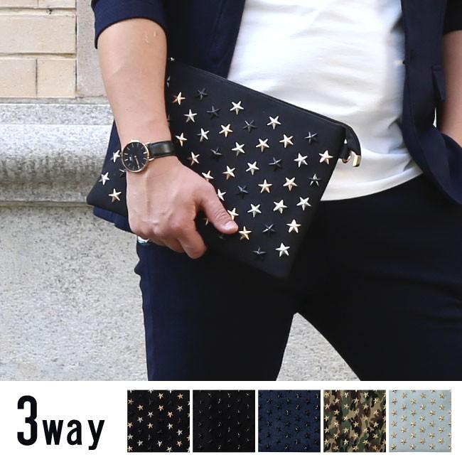 クラッチバッグ メンズ 星スタッズ 3way カジュアル トラベル 黒 青
