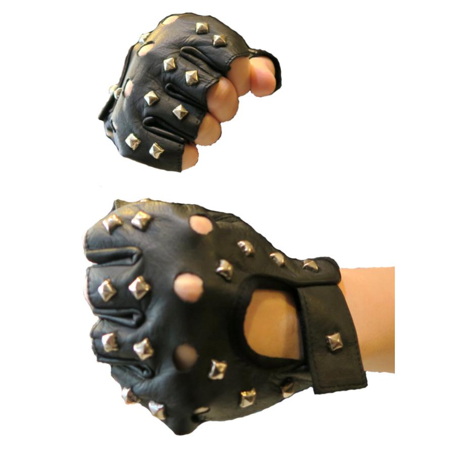 本革 グローブ 指無し 指切り 角鋲付き スタッヅ付き 黒 ブラック