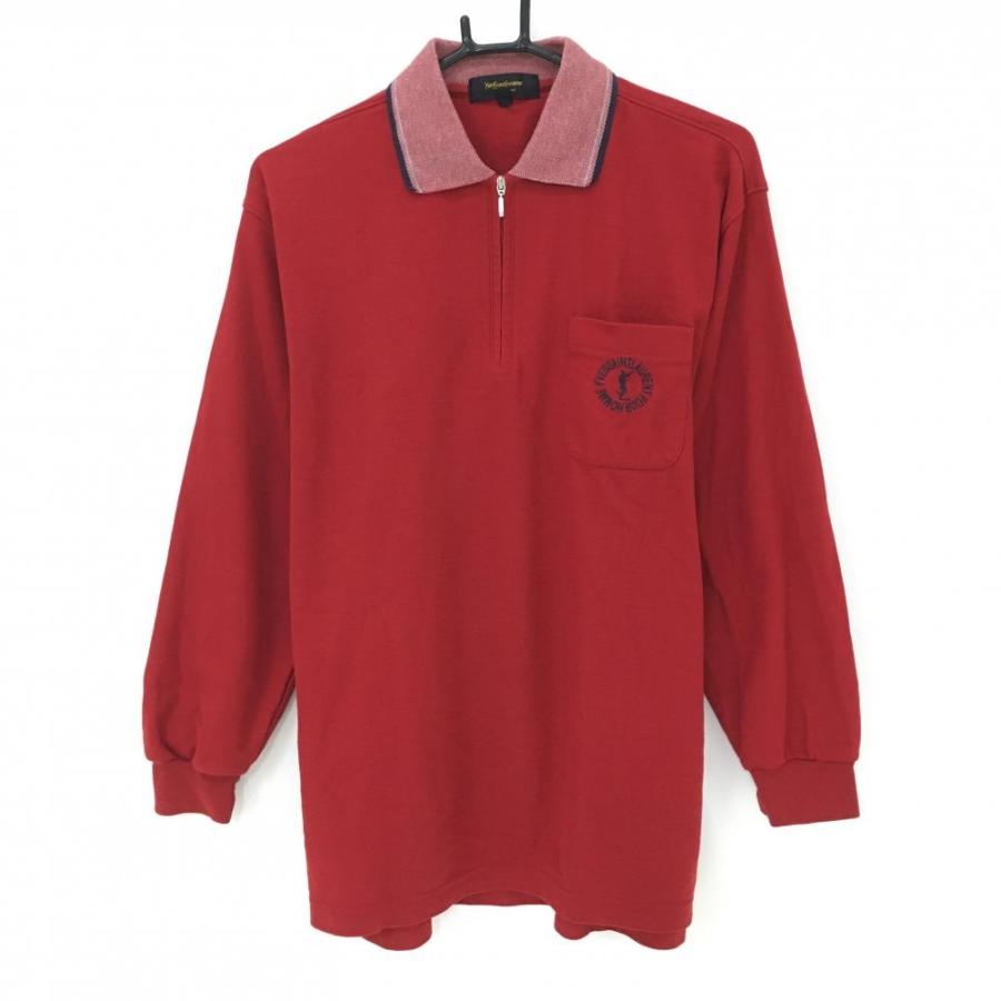 イヴサンローラン 長袖ポロシャツ レッド×ネイビー ハーフジップ 胸