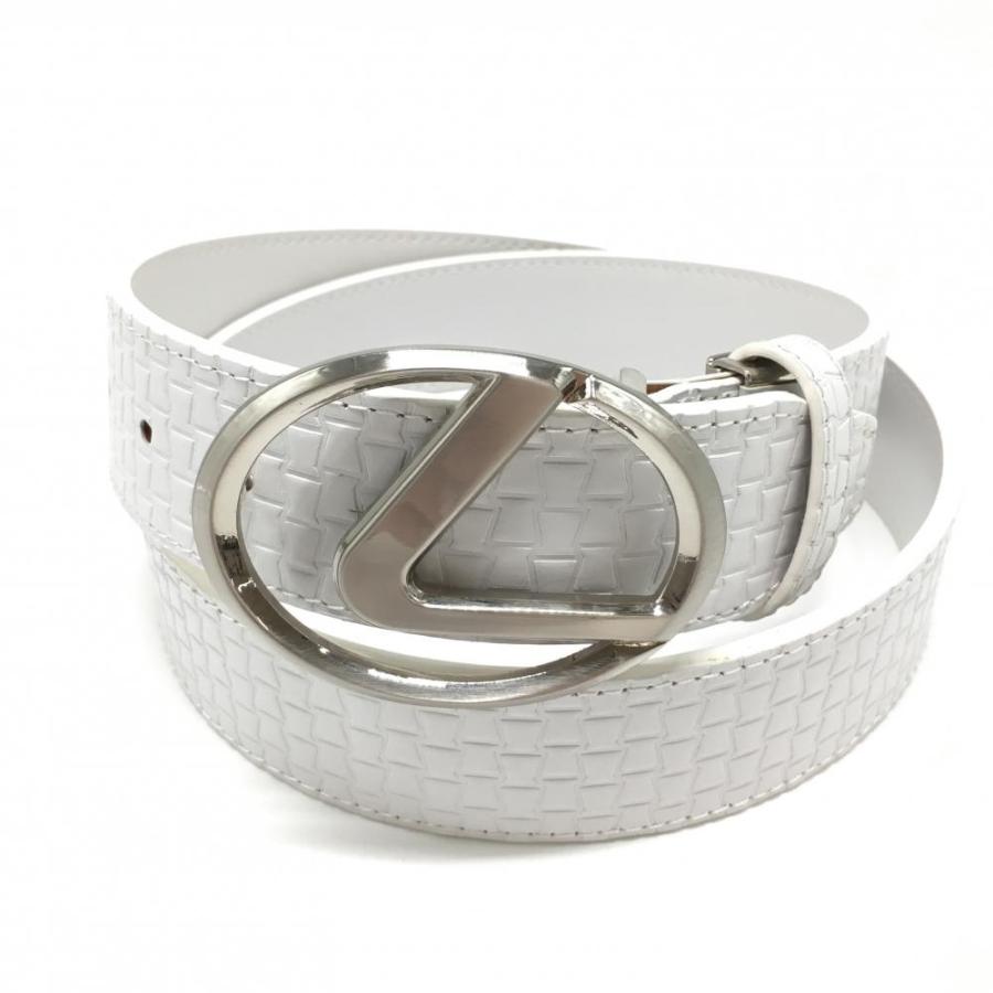 美品】レクサス トップ式ベルト 白 ロゴバックル 型押し メンズ ゴルフ