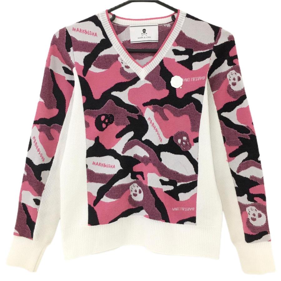 マークアンドロナ セーター ピンク×白 迷彩 カモフラ 透かし編み