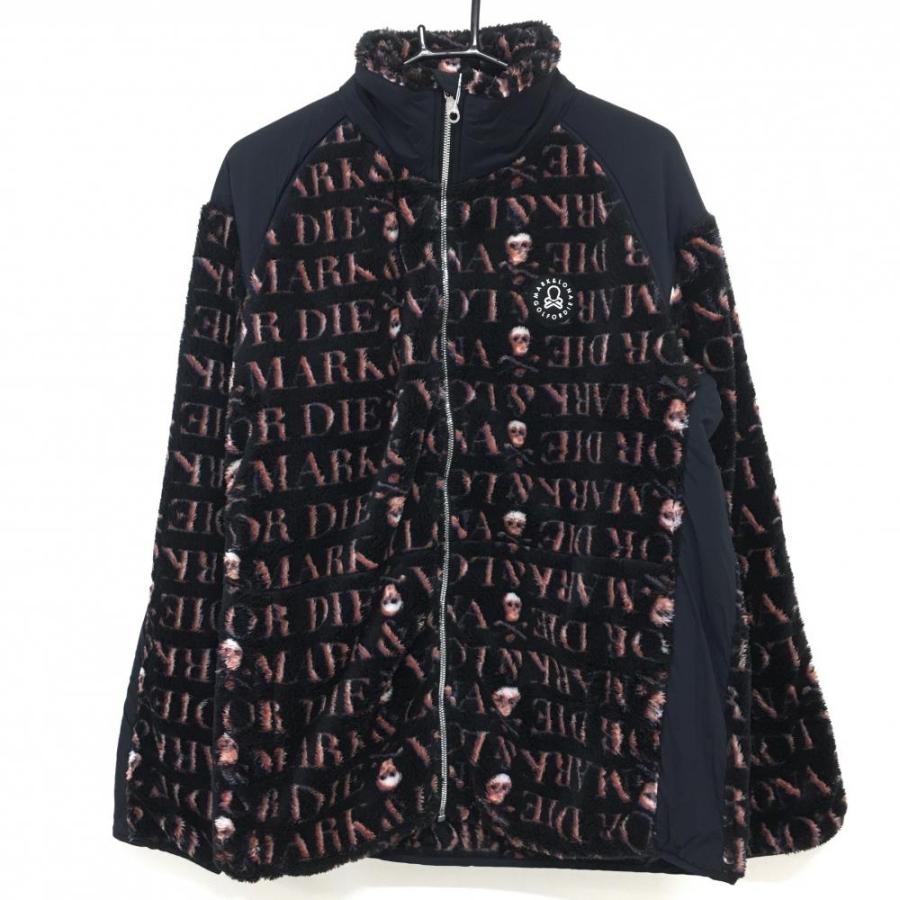 新品】マークアンドロナ ボアジャケット 黒×ピンク ロゴ総柄 スカル