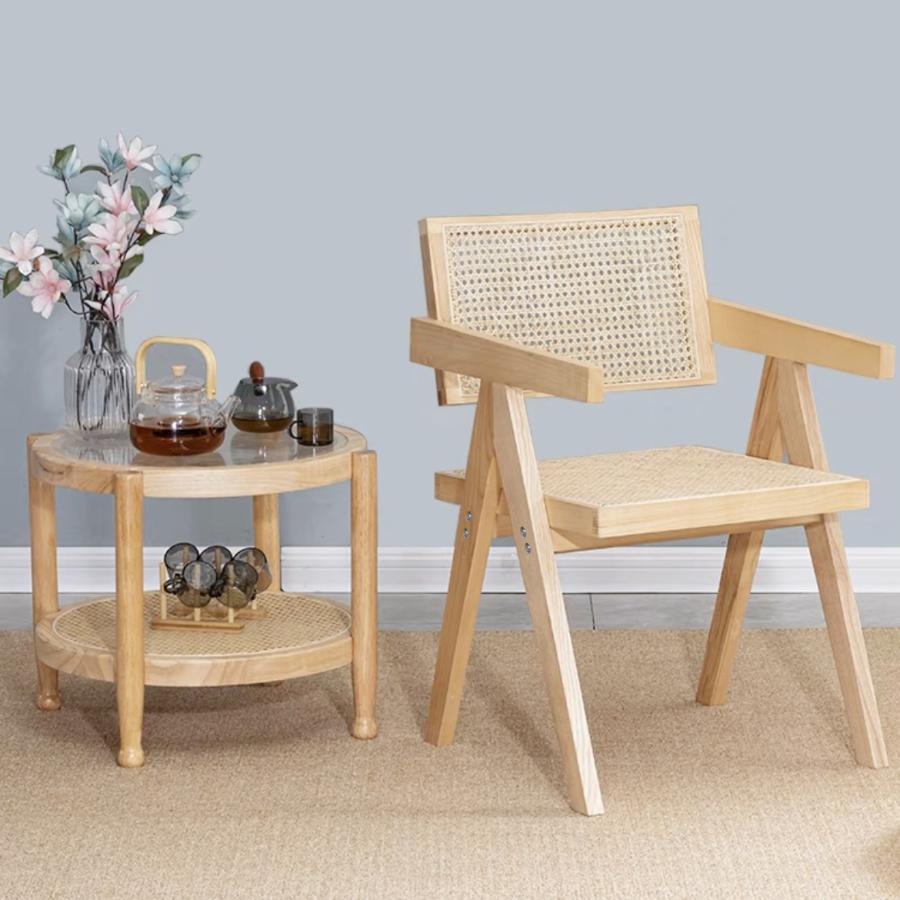 ダイニングチェア 藤編み 天然木 肘付き リビングチェア 座椅子