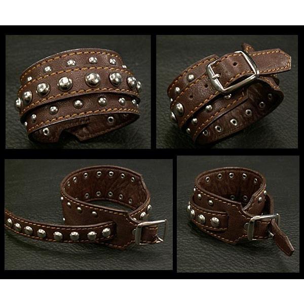 レザーブレスレット 本革 スタッズ レザーリストバンド ブラウン (ID