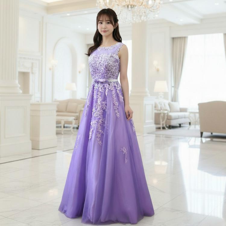 カラードレス ラベンダー 13号 脇下刺繍なしBタイプ 演奏会ドレス 背中