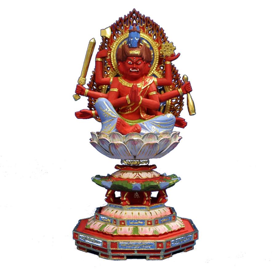 仏像 彫刻 木材 馬頭観音座像火炎光背八角台2.5寸桧木 ひのき彩色 送料