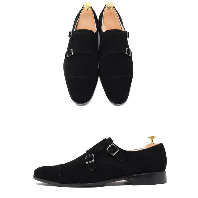 本革 スエード メンズ ダブルモンク ストラップ ストレートチップ