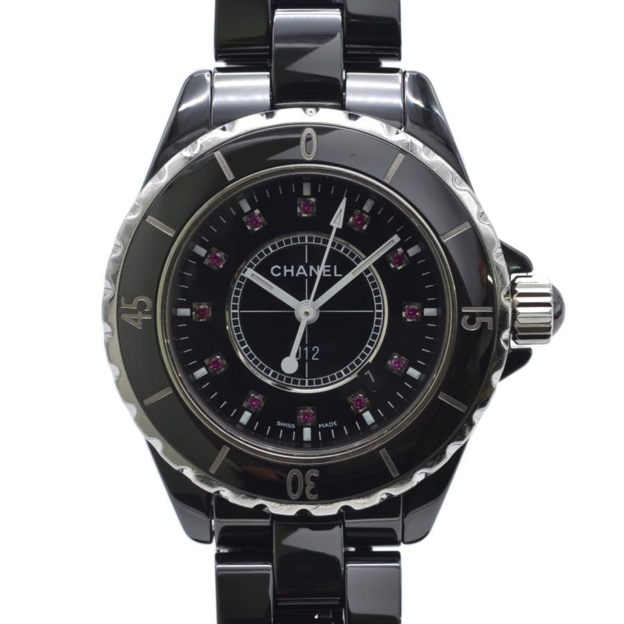CHANEL シャネル J12 H1634 12Pルビー 33ミリ クォーツ ブラック文字盤