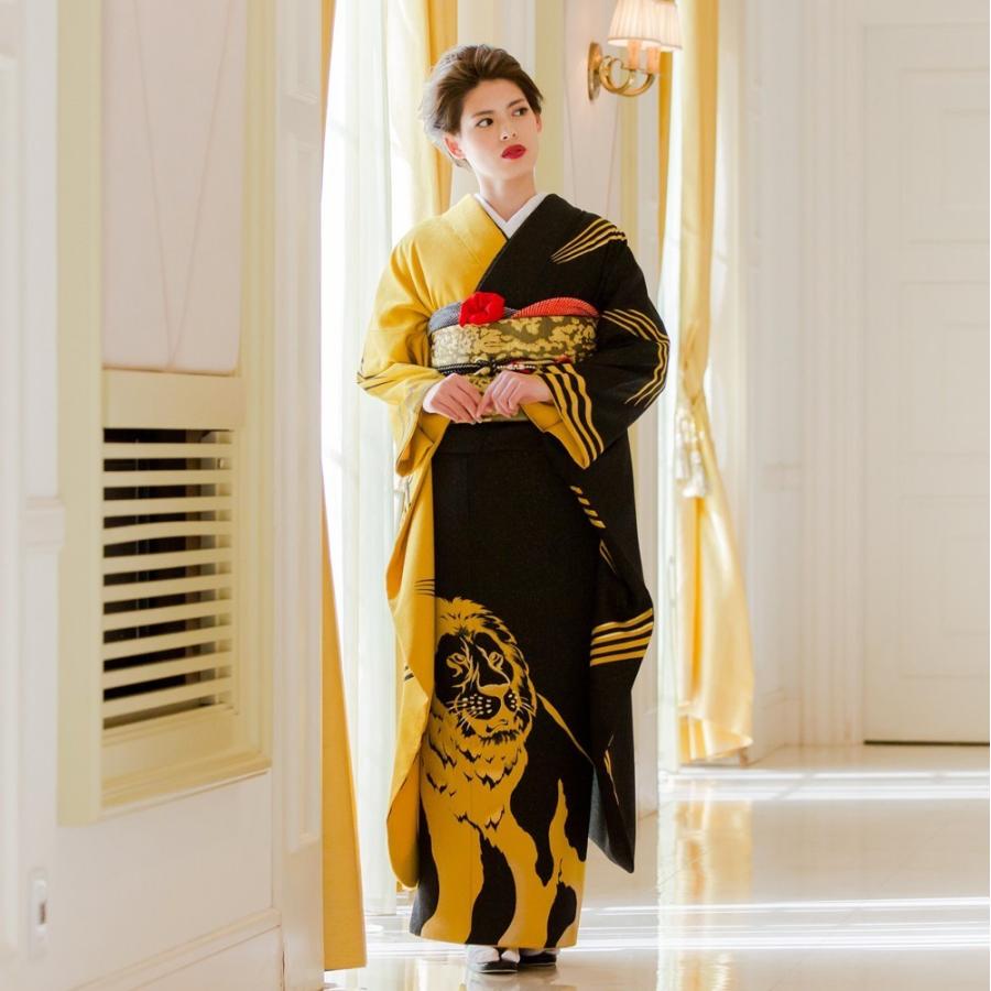 高級正絹 振袖レンタル 送料無料 FS-094 ライオン 黄系 黒系 振袖 成人