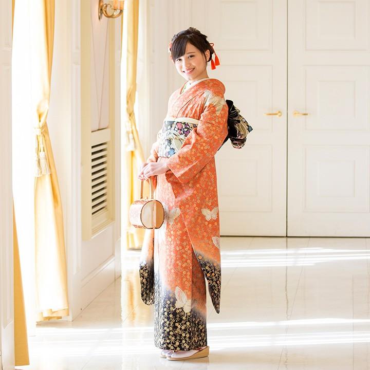 高級正絹 振袖レンタル 送料無料 FS-002 オレンジ系 振袖 成人式