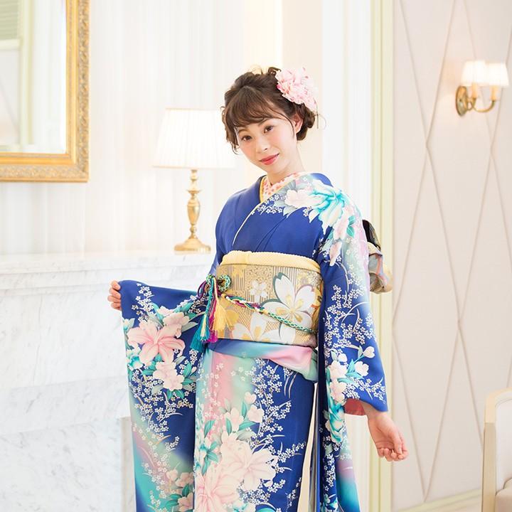 高級正絹 振袖レンタル 送料無料 FS-024 青系 振袖 成人式 レンタル