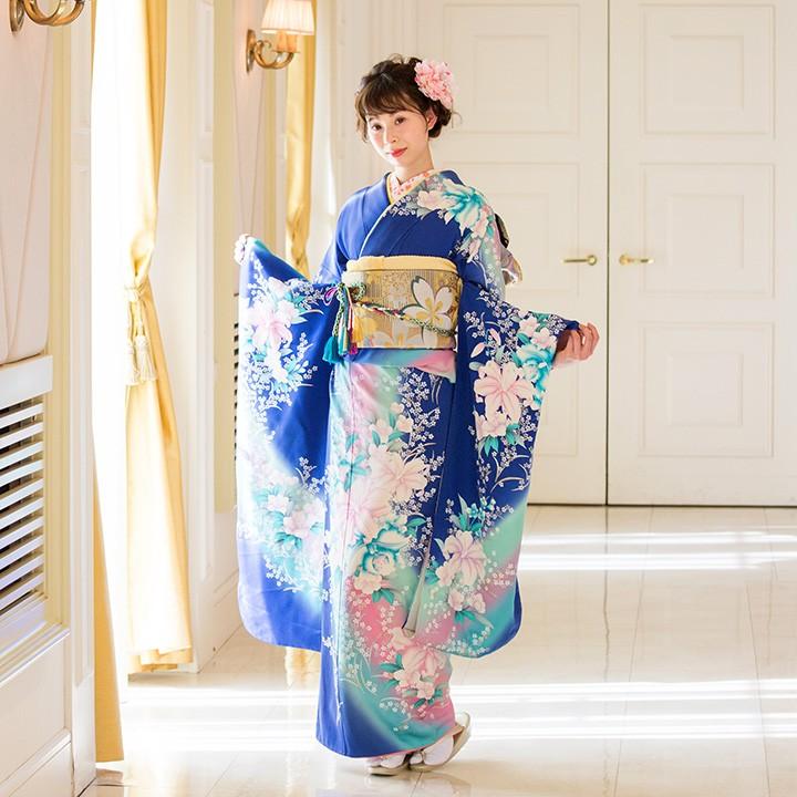 高級正絹 振袖レンタル 送料無料 FS-024 青系 振袖 成人式 レンタル