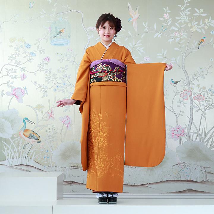 振袖レンタル 成人式 高級正絹 FS-811 無地 単色 刺繍 金茶色 御所車