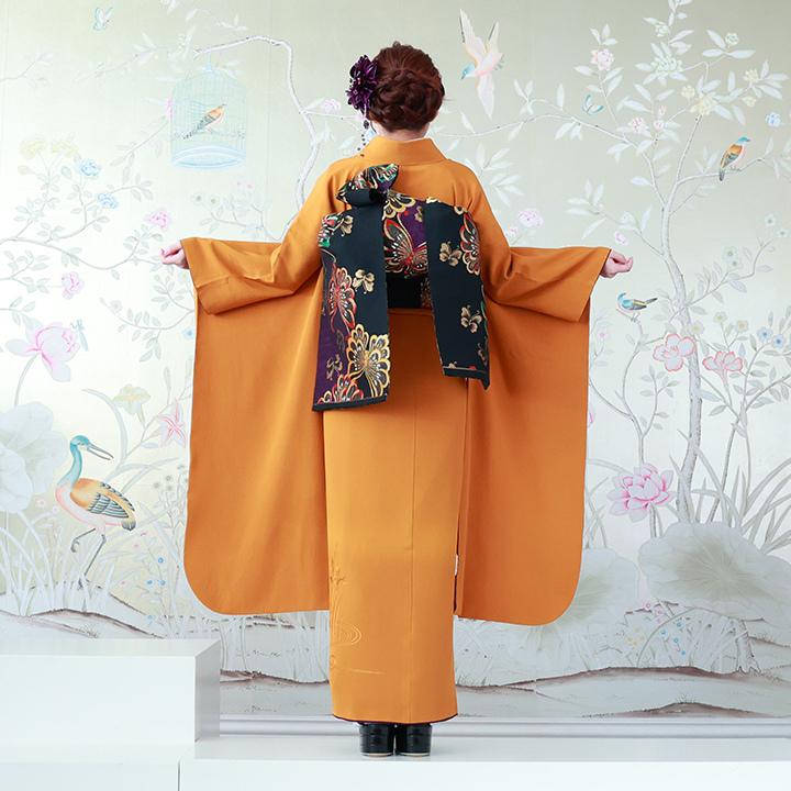 振袖レンタル 成人式 高級正絹 FS-811 無地 単色 刺繍 金茶色 御所車