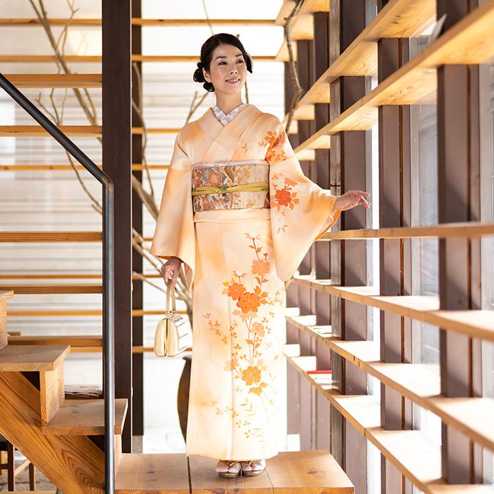 レンタル フルセット 高級正絹 訪問着 HO-MI227 洒落柿色 牡丹・菊
