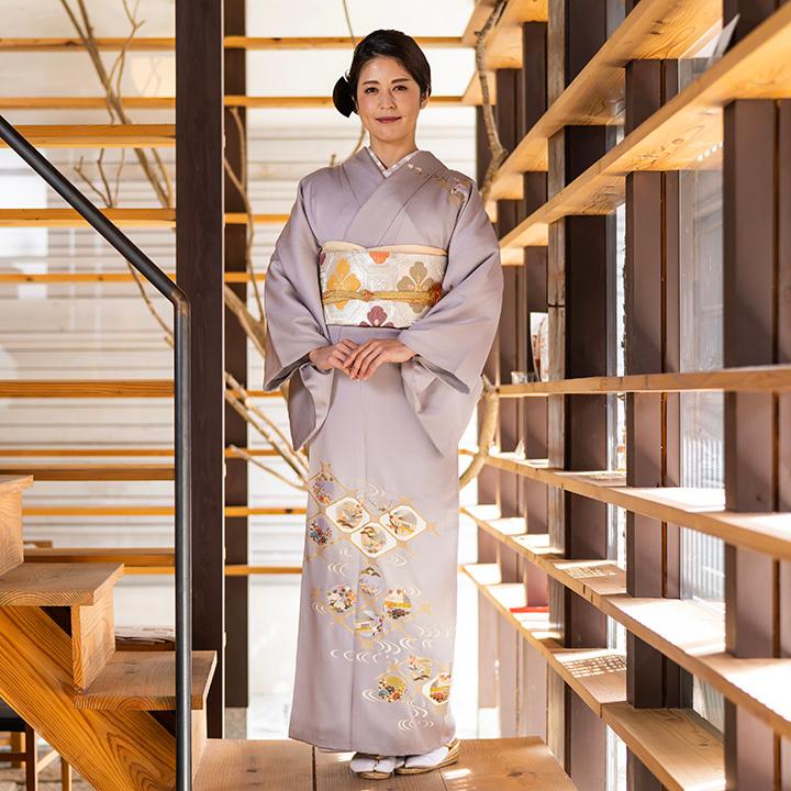 レンタル フルセット 高級正絹 訪問着 HO-MI222 銀灰色 格天井文 結婚