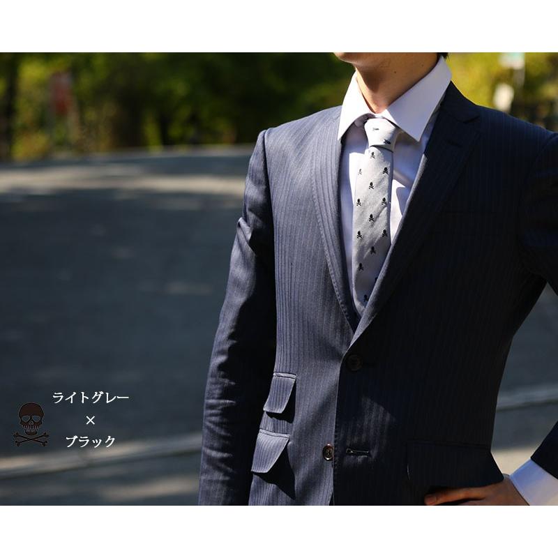 ネクタイ おしゃれ ナロータイ 細め スカル ドクロ 小紋柄 赤 黒 紺