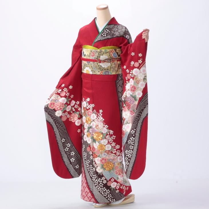 京都きもの友禅 振袖 中古 フルセット 成人式 Lサイズ 絞り 赤・ワイン