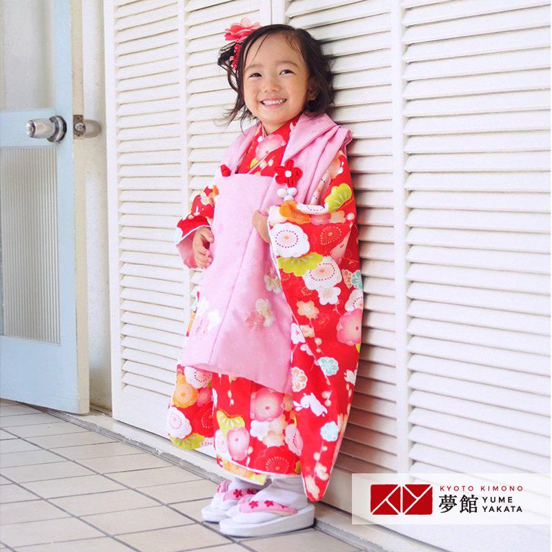 七五三 着物レンタル 3歳 753 女の子 フルセット 被布 ピンク×赤 梅と