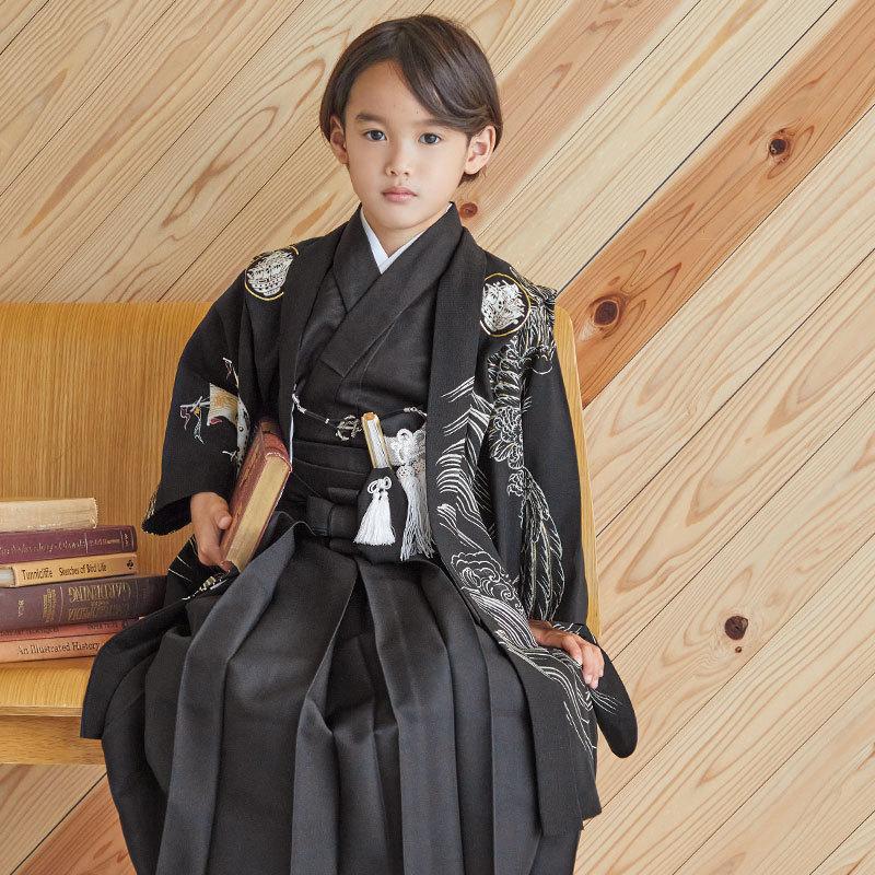 七五三 着物 レンタル 753 5歳 男の子 九重 ブランド着物 黒大波に帆船