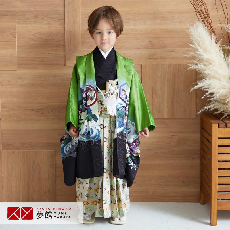 七五三 着物 レンタル 753 5歳 男の子 緑 鷹に波と菱格子 端午の節句