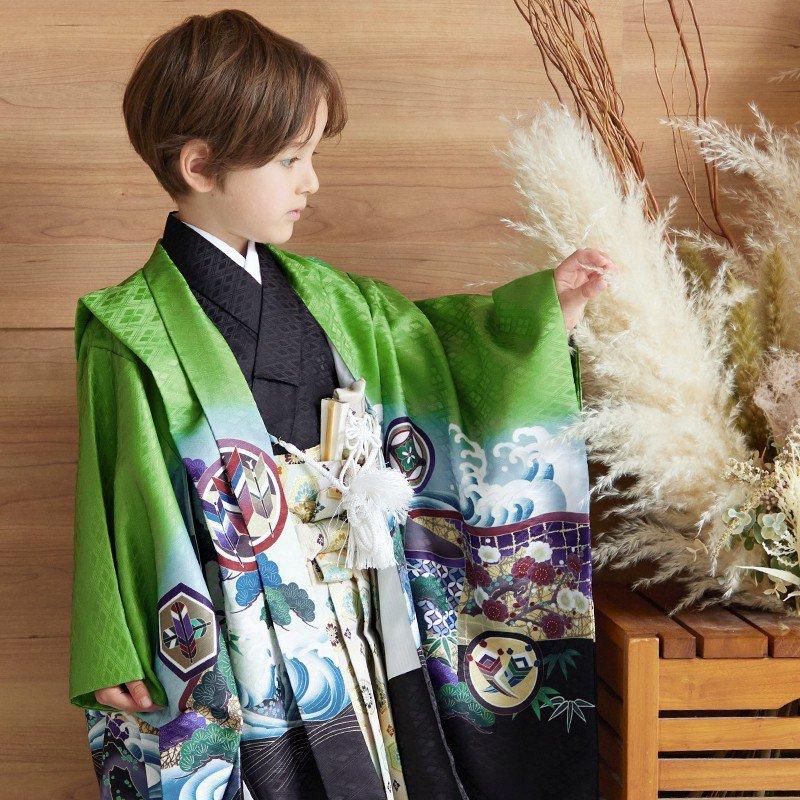 七五三 着物 レンタル 753 5歳 男の子 緑 鷹に波と菱格子 端午の節句