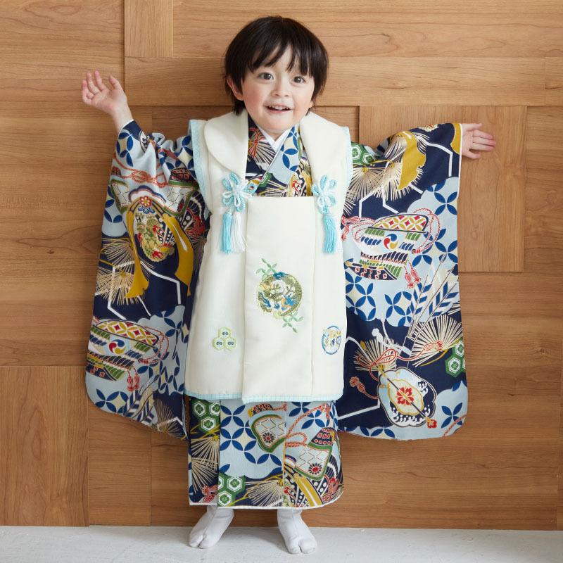 七五三 着物レンタル 3歳 753 男の子 フルセット 被布 白龍×紺鎧兜軍配