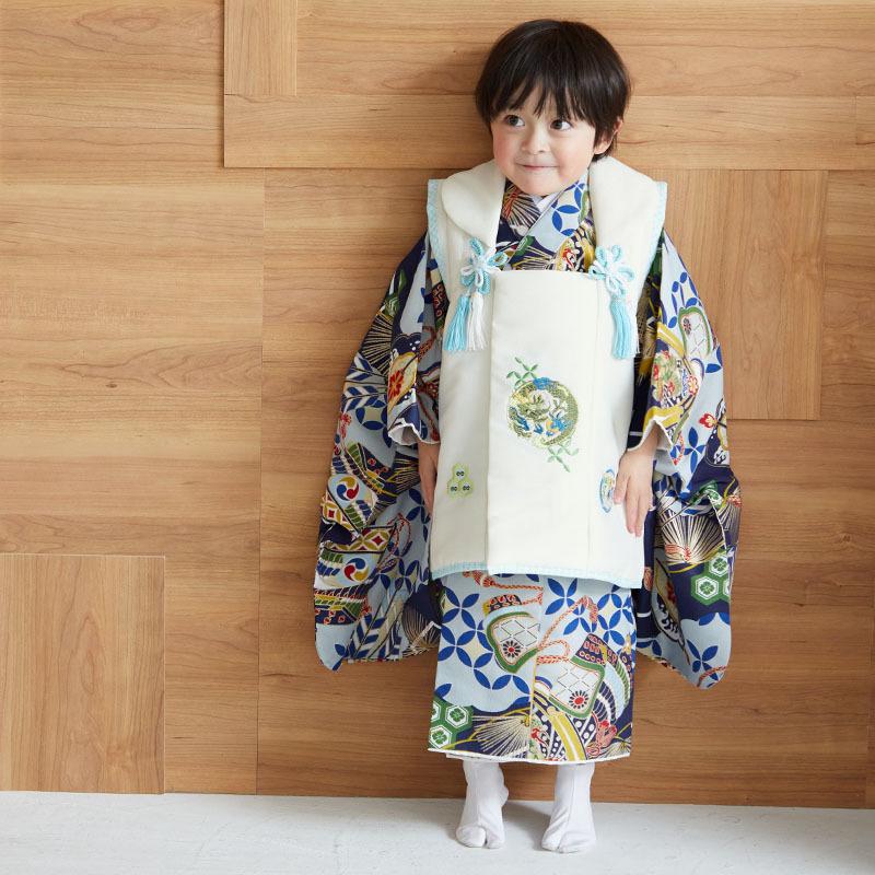 七五三 着物レンタル 3歳 753 男の子 フルセット 被布 白龍×紺鎧兜軍配