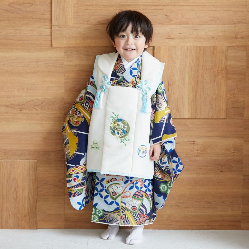七五三 着物レンタル 3歳 753 男の子 フルセット 被布 白龍×紺鎧兜軍配