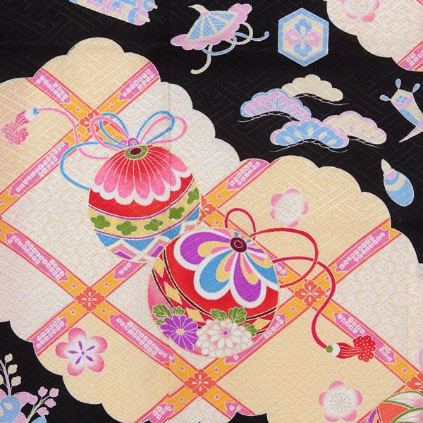 七五三 7歳着物 レンタル フルセット 黒 手鞠に宝尽くし 女の子 七歳