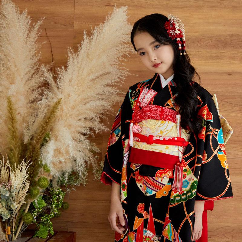 七五三 7歳着物 レンタル フルセット 紅一点 ブランド着物 黒 扇面に