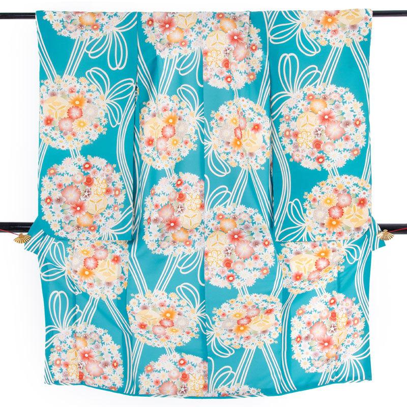 七五三 7歳着物 レンタル フルセット 水色 花薬玉に立湧 女の子 七歳