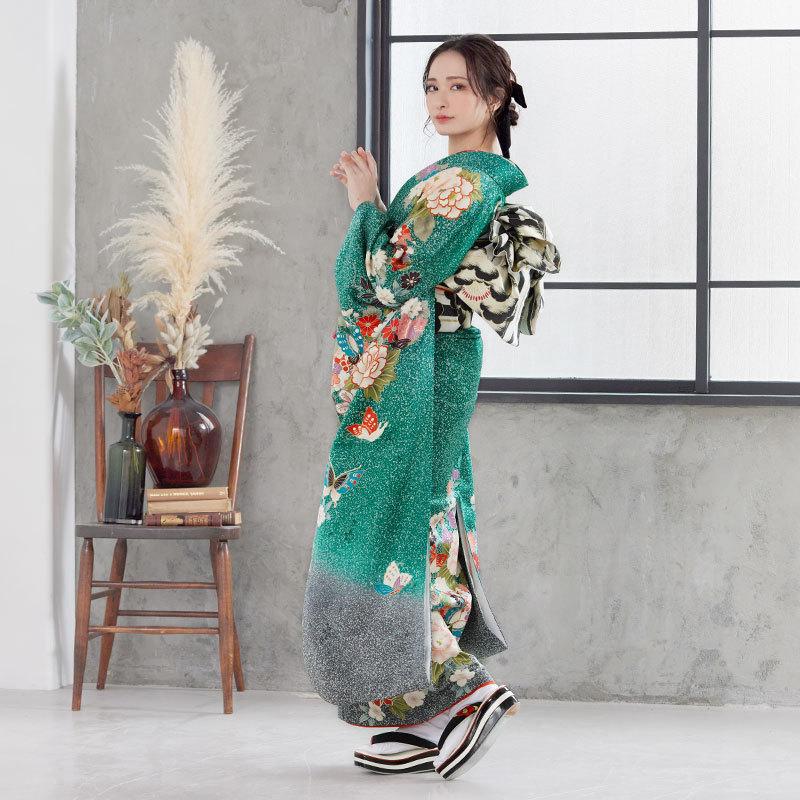 振袖レンタル 緑 四季の花に蝶(絹) 成人式 結婚式 一点物 対応身長160