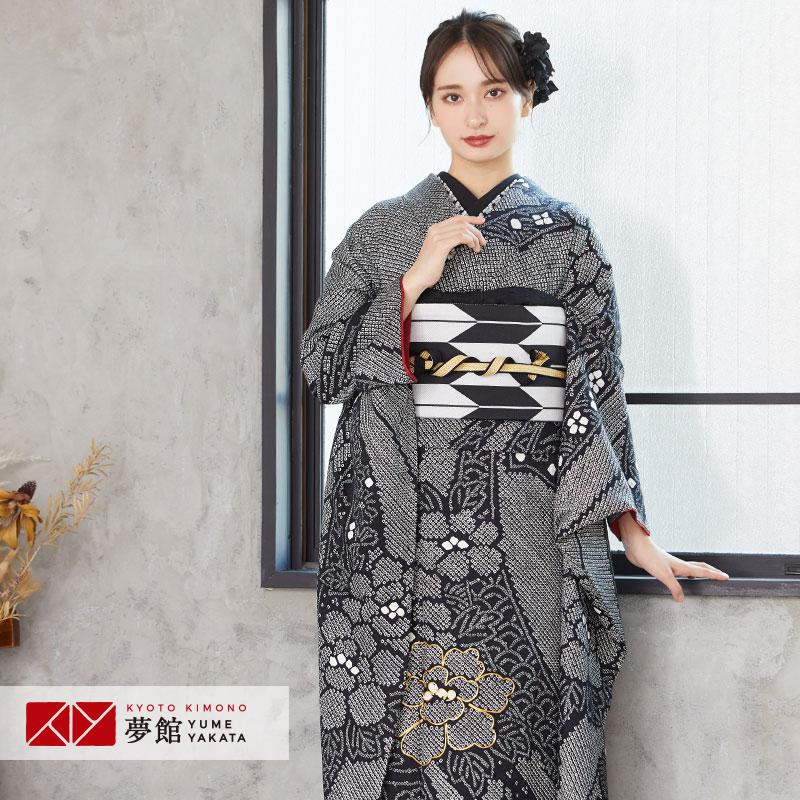 振袖レンタル 黒 絞り 熨斗に牡丹(絹)(宅) 成人式 結婚式 モデル着用