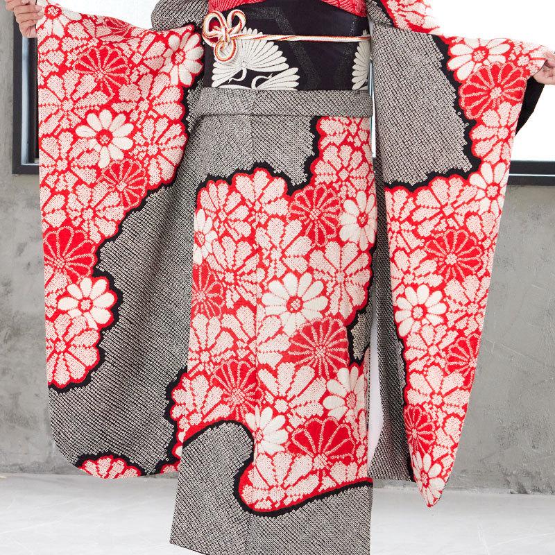 振袖 レンタル 成人式 結婚式 黒 総絞り 赤い菊12月〜1月利用 対応身長