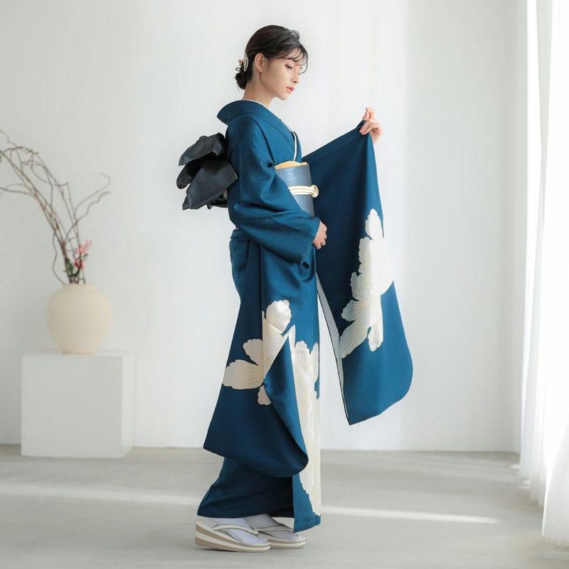 振袖 レンタル 成人式 結婚式 青 大輪牡丹12月〜1月利用 対応身長154