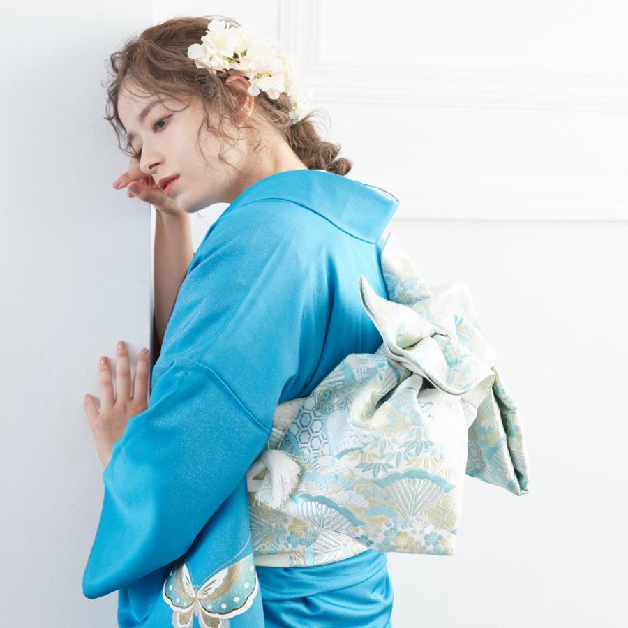 振袖 レンタル 成人式 結婚式 ブルー ラメ入り 金彩蝶(絹)(宅)モデル